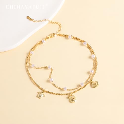 Sterling Silver Ankle Bracelets for Women 14k Gold Plated Waterproof Dainty Layered Stackable Seashell Pearl Charm Non Tarnish Adjustable Anklet for Summer Beach Jewelry Gift - color: gold1