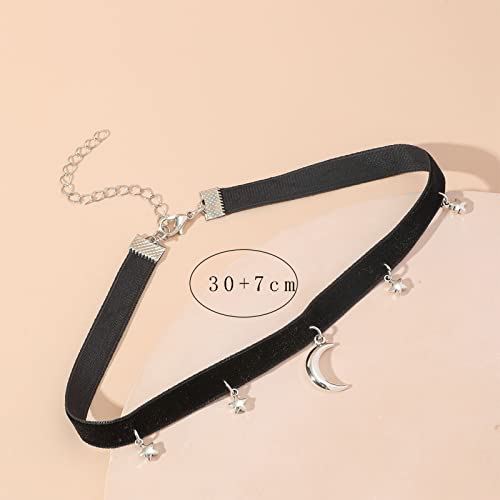 YienDoo Punk Black Velvet Choker Necklace Vintage Silver Tiny Moon Stars Pendant Necklace Suede Rope Chain Choker Gothic Statement Star Crescent Moon Necklace Charm Jewelry for Women