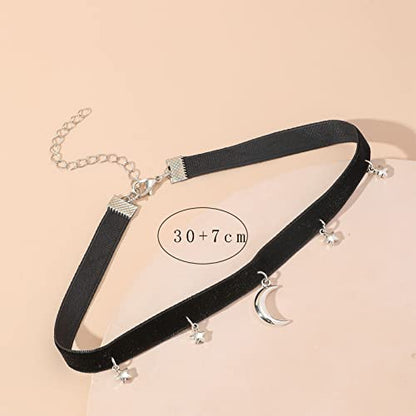 YienDoo Punk Black Velvet Choker Necklace Vintage Silver Tiny Moon Stars Pendant Necklace Suede Rope Chain Choker Gothic Statement Star Crescent Moon Necklace Charm Jewelry for Women