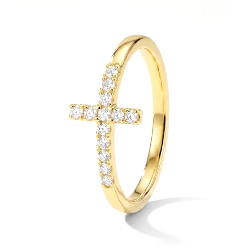 Cross Ring 14K Gold Plated 925 Silver with CZ, Stackable Rings - color: Cross 14K Gold, size: 9