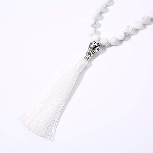 108 Mala Beads Necklace Semi-Precious Gem Stones Meditation Necklace 108 Hand Knotted Japa Mala Beaded Tassel Necklace with Tree of Life Pendant - color: Natural White Howlite
