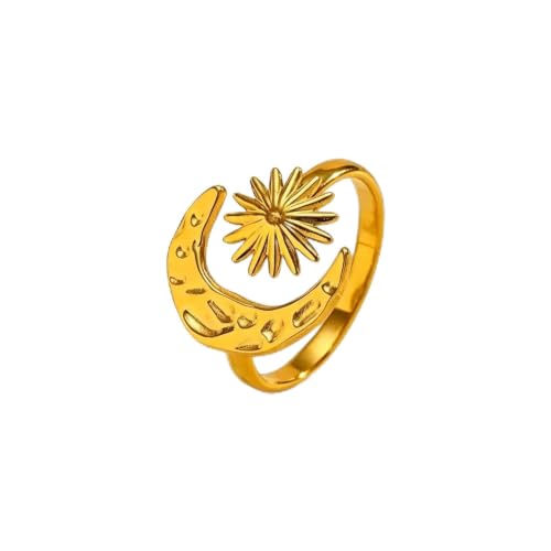 18K Gold Plated Adjustable Rings for Women, 316L Stainless Steel Open Band Gold Jewelry Collection, Hypoallergenic Size 6-9 Adjustable Stackable Rings, Tarnish Free Trendy Gift for Her - color: Sun & Moon