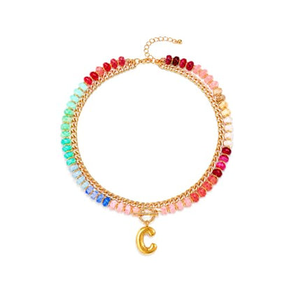 Colorful Beaded Bubble Letter Necklace For Women, Boho Double Layer Dopamine Rainbow Resin Beads Thick Cuban Chain Chunky With Initials Pendant Necklaces Summer Beach Jewelry Gift ﻿ - color: Dop C
