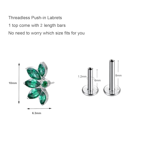 1pcs 16G 18G G23 Titanium Threadless Labret Studs Push-in Labret Lip Cluster Tragus Helix Conch Lobe Rook Cartilage Push Back Piercing Jewelry Earring - style: 5 eye-Green