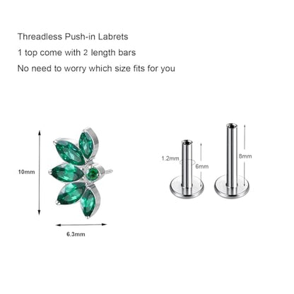 1pcs 16G 18G G23 Titanium Threadless Labret Studs Push-in Labret Lip Cluster Tragus Helix Conch Lobe Rook Cartilage Push Back Piercing Jewelry Earring - style: 5 eye-Green
