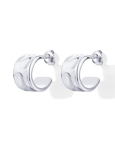 PAVOI Waterproof Hoop Earrings for Women, 14K Gold Plated Chunky Earrings | Statement Huggie Hoops - Stainless Steel Dome, Square, Twisted Earrings Bold Jewelry - color: White Gold