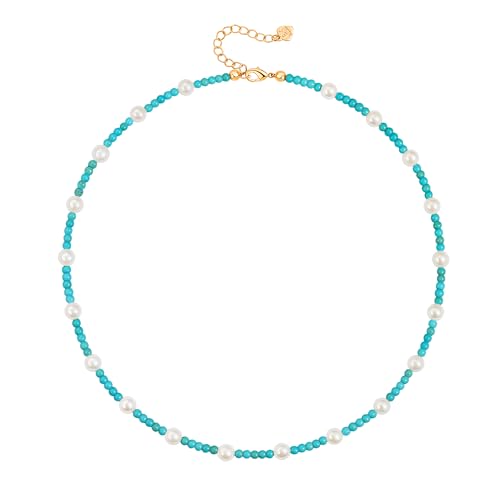 Aobei Pearl 18K Gold Plated Paperclip Chain Choker Satellite Chain Freshwater Cultured Biwa Pearl Pendant Necklace Dainty Turquoise Jewelry for Women - color: Green-blue Turquoise White Pearl