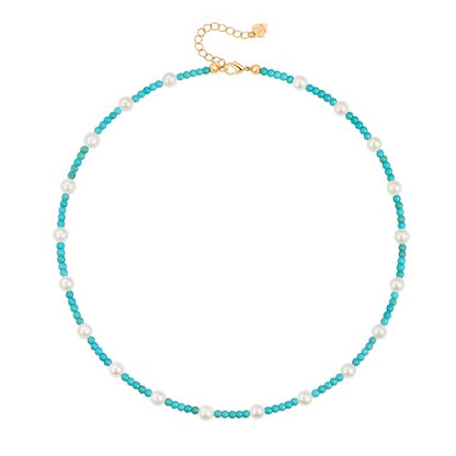 Aobei Pearl 18K Gold Plated Paperclip Chain Choker Satellite Chain Freshwater Cultured Biwa Pearl Pendant Necklace Dainty Turquoise Jewelry for Women - color: Green-blue Turquoise White Pearl