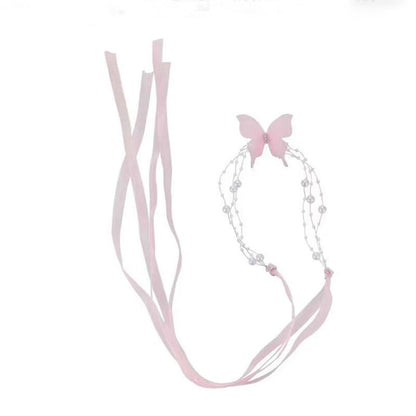 Lace Butterfly Necklace Dainty Pearl Beaded Bow Tie Ribbon Necklaces Long Elegant Lace Fairy Tassel Choker White Black Pink Blue Butterfly Choker Necklaces Cute Butterfly Jewelry Y2K Aesthetic Jewlery for Wedding Party Prom - color: Pink