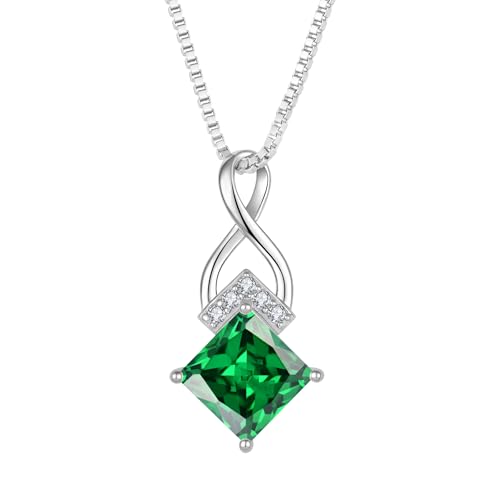 Infinity Necklace 925 Sterling Silver Princess Cut Pendant Birthstone Jewelry for Women - color: Emerald Green
