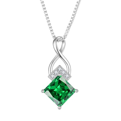 Infinity Necklace 925 Sterling Silver Princess Cut Pendant Birthstone Jewelry for Women - color: Emerald Green