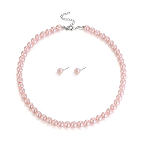 EVER FAITH Dainty Round Imitation Pearl Strand Necklace Stud Earrings Delicate Wedding Costume Prom Faux Pearls Jewelry for Women Bride - color: Pink Pearl, size: 8mm
