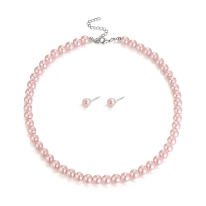 EVER FAITH Dainty Round Imitation Pearl Strand Necklace Stud Earrings Delicate Wedding Costume Prom Faux Pearls Jewelry for Women Bride - color: Pink Pearl, size: 8mm
