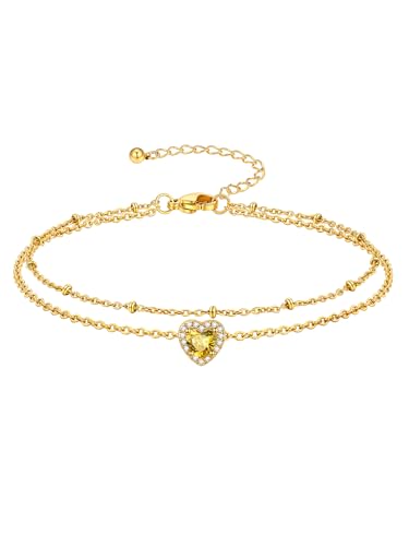 Richsteel Double Layer Heart/Butterfly Birthstone Anklet for Women | Non Tarnish Waterproof, Silver/Gold/Black Stainless Steel 8.5-10.5 Inch Adjustable Chain Anklets Summer Beach Foot Jewelry - color: Gold Heart-11 Nov.(Yellow Topaz)