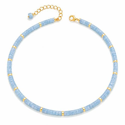 Natural Heishi Gemstone Choker Necklace for Women, Adjustable 15"+2" Beaded Layering Necklace, Coastal Beach Jewelry Gift for Her - color: Aquamarine
