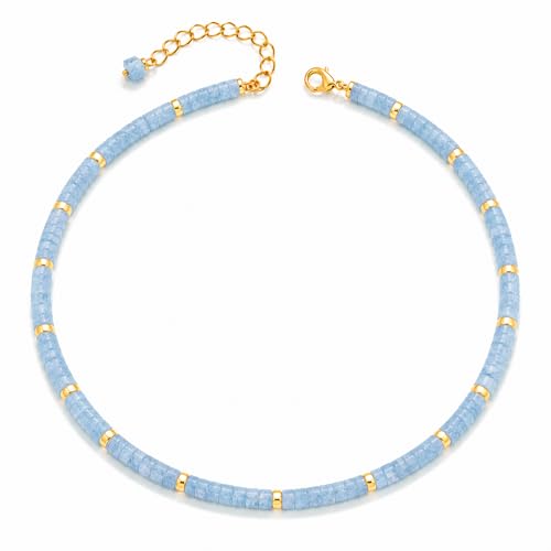 Natural Heishi Gemstone Choker Necklace for Women, Adjustable 15"+2" Beaded Layering Necklace, Coastal Beach Jewelry Gift for Her - color: Aquamarine