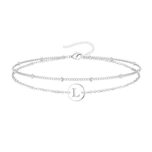 Inerney Personalized Gold Initial Bracelets for Women - Dainty 14K Gold Plated Layered Disc Monogram Charm Bracelet, Customizable A-Z Letter Jewelry Gift for Her - color: L, size: 8.5 inches silver