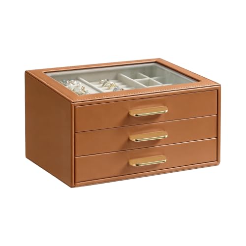 Homeanda Glass Lid Jewelry Boxes for Women, 3-Layer PU Leather Organizer with 2 Drawers, Display Storage for Rings Necklaces Earrings Bracelets Watches, Gift for Wife and Girls (Brown) - color: Brown, size: 3 Layer (8.4"D x 5.7"W)