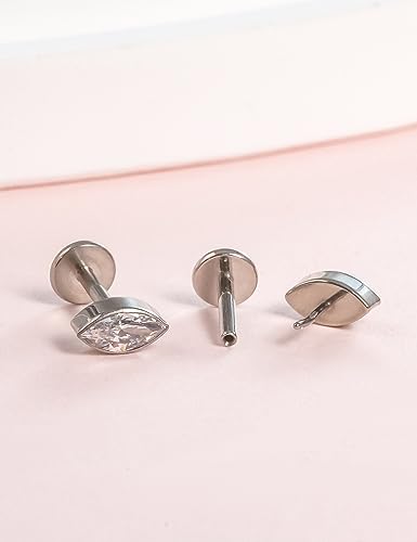 limerencia G23 Hypoallergenic 18g Flat Back Stud Earrings | F136 Implant Grade Titanium Pressfit Threadless Push Pop in Cartilage Helix Labret Lip Monroe Tragus Flat Back Piercing Studs - color: Marquise Silver