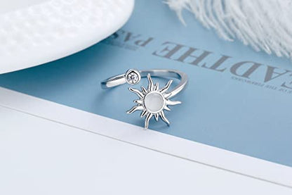 COLORFUL BLING Fidget Sunflower Evil Eye Daisy Spinner Stackable Rings Bee Butterfly Adjustable Open Rotatable CZ Cubic Zirconia Anti Stress for Women Wedding Jewelry - style: Sun