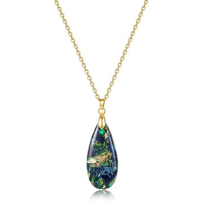 Joya Love 14K Gold Plated Healing Stone Teardrop Pendant Necklace for Women, Waterproof Stainless Steel Chain, Colorful Natural Stone Look, Boho Spiritual Jewelry Gift - color: Blue -Gold