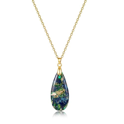 Joya Love 14K Gold Plated Healing Stone Teardrop Pendant Necklace for Women, Waterproof Stainless Steel Chain, Colorful Natural Stone Look, Boho Spiritual Jewelry Gift - color: Blue -Gold