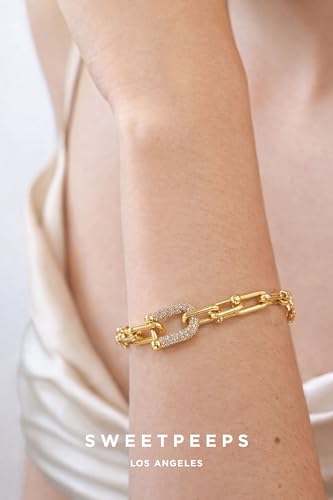 SWEET PEEPS 18K Gold Plated Paperclip Link Bracelet for Women, Pavé CZ Statement Bracelet
