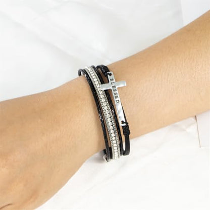 Religious Cross Engraved Blessed Leather Wrap Match Strand Bracelet for Women Multi-Layer Boho Beaded Cuff Bangle Bracelet Christian Jewelry - color: Brown
