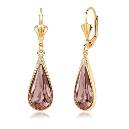 Teardrop Austrian Crystal Leverback Dangle Drop Earrings for Women | 14K Gold Plated,Classic Teardrop Elegance,Leverback for Easy Secure Wear,Gift Box Included, Brighten Up Daily and Party Looks - color: Antique Pink
