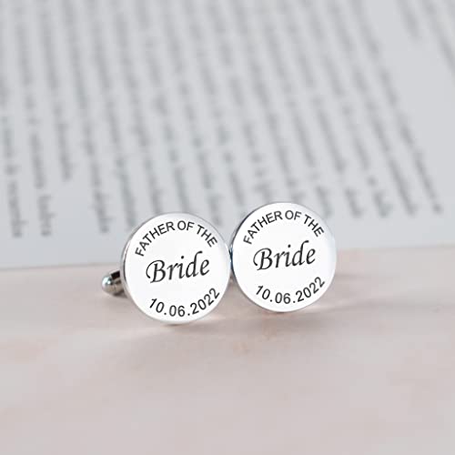 Custom engraved cufflinks for men, personalized wedding gift for groom, father of the bride & groom dad, best men, customized gold & silver cufflinks with dates, quotes or couples initials from bride - style: "Father of" & date