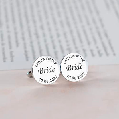 Custom engraved cufflinks for men, personalized wedding gift for groom, father of the bride & groom dad, best men, customized gold & silver cufflinks with dates, quotes or couples initials from bride - style: "Father of" & date