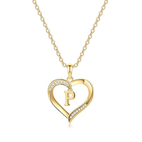Yesteel Heart Initial Necklaces for Women, 14K Gold Plated Cubic Zirconia Heart Pendant Necklace, Dainty Initial Charm Necklace Letter A to Z Jewelry for Women Girls - style: P