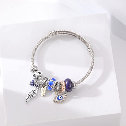 DS Charm Bracelets for girls,exquisite cute cartoon friendship bracelets Silver Stainless Steel Bangle with birthday Gift box, Adjustable girls jewelry Suitable for holiday gifts - style: Silver-blue evil eye