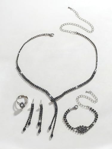 4 Pieces Cubic Zirconia Wedding Jewelry Sets for Bride Rhinestone Bridal Jewelry Set Necklace Bracelet Earring Ring for Brides Bridesmaid for Wedding Party - color: 4 PCS-Black