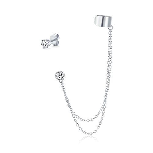 Bling Jewelry Geometric Cartilage Plain Band With Two Chains Ear Warp Cuff CZ Stud Ear Lobe Earring For Women Teens Men Rose 14K Gold Plated .925 Sterling Silver - color: Silver Tone