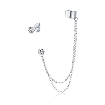 Bling Jewelry Geometric Cartilage Plain Band With Two Chains Ear Warp Cuff CZ Stud Ear Lobe Earring For Women Teens Men Rose 14K Gold Plated .925 Sterling Silver - color: Silver Tone