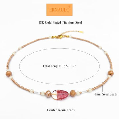 Beaded Necklaces for Women Summer Beach Beaded Necklace Bead Choker Boho Necklaces for Women Handmade Summer Jewelry Stainless Steel 18K Gold Plated - color: Beige