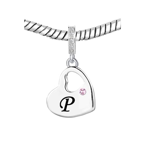 KunBead Initial A-Z Letter Pink Heart Alphabet Birthday Dangle Love Charms Compatible with Pandora Charm Bracelet for Auntie Friend Sister Mom Daughter Nana Granddaughter Wife - style: Letter P