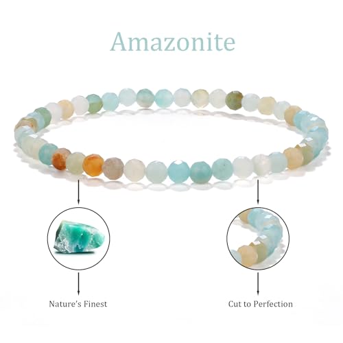Natural Faceted Crystal Bracelet for Women,4mm Gemstone Round Beads Bracelets Adjustable Stretchy Healing Crystal Beads Bracelets Dainty Jewelry Gift - color: Amazonite