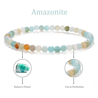 Natural Faceted Crystal Bracelet for Women,4mm Gemstone Round Beads Bracelets Adjustable Stretchy Healing Crystal Beads Bracelets Dainty Jewelry Gift - color: Amazonite