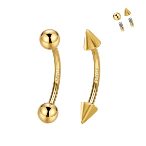 2 Pcs 14k Gold Filled Eyebrow Rings, 16G Threaded Rook Piercing Jewelry, Surgical Steel Vertical Lip Labret Belly Tongue Ring Daith Earring Curved Barbells - color: 10mm-2pcs Cone Top