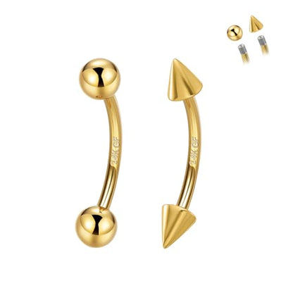 2 Pcs 14k Gold Filled Eyebrow Rings, 16G Threaded Rook Piercing Jewelry, Surgical Steel Vertical Lip Labret Belly Tongue Ring Daith Earring Curved Barbells - color: 8mm-2pcs Cone Top