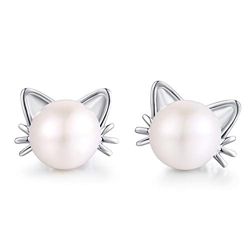 Han han Pearl Stud Earrings for Women 925 Sterling Silver, Pearl Jewelry Gift for Women 8MM-13MM - style: F-Cat Pearl Studs-8mm