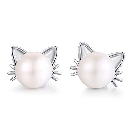 Han han Pearl Stud Earrings for Women 925 Sterling Silver, Pearl Jewelry Gift for Women 8MM-13MM - style: F-Cat Pearl Studs-8mm