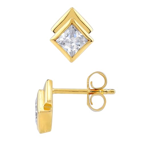 Silvershake 4MM Gemstone White Gold Plated or Yellow Gold Plated 925 Sterling Silver Minimalist Square Geometric Stud Earrings Jewelry for Women - color: White Cubic Zirconia - 14K Gold Plated