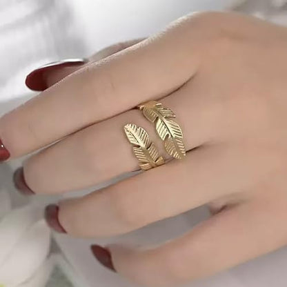 Adjustable Stainless Steel Feather Leaf Ring for Women Men - color: Gold