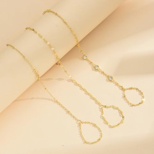 3PCS 14K Gold-Plated Hand Chain Bracelets for Women, Stack Bracelets Set Adjustable, Trendy Dainty Ring Bracelet Hand Chain - color: gold-3-Lip chain