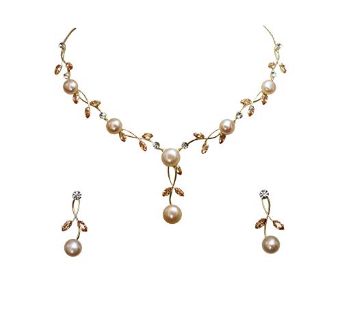 Faship Genuine Freshwater Pearls Floral Necklace Earrings Set | Premium CZ Crystal, Gorgeous, Sparkling - color: Topaz color brown