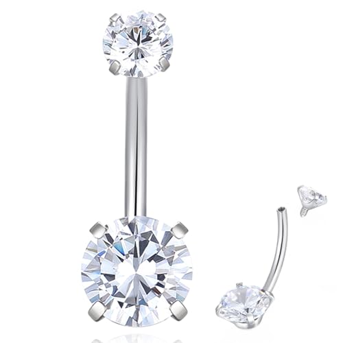 ORANGELOVE G23 Titanium 14G Belly Button Rings Cubic Zirconia Internally Threaded CZ Belly Ring Navel Barbell Stud Body Piercing Jewelry 14 Gauge 8mm 10mm 12mm 14mm - color: Silver, size: 14G 8mm