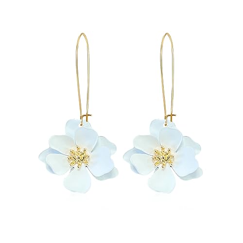 Bohemian Daisy Flower Matte Floral Long Petal Drop Dangle Earrings Layered Tiered for Women Chic Boho Wedding Jewelry - color: White